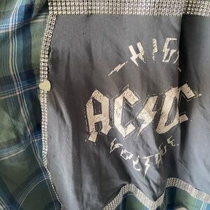 Ac/dc high voltage graphic tee on back of Style & Co. Blue and Green Plaid Shirt